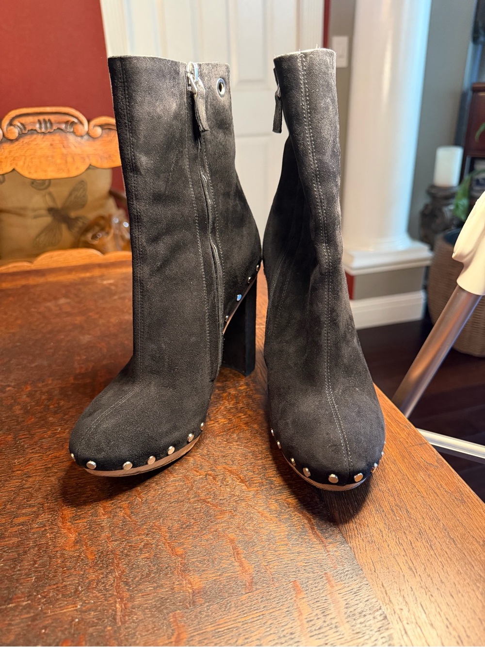 Proenza Schouler Black Suede Studded Platform Block Heel Ankle Boots Size 36